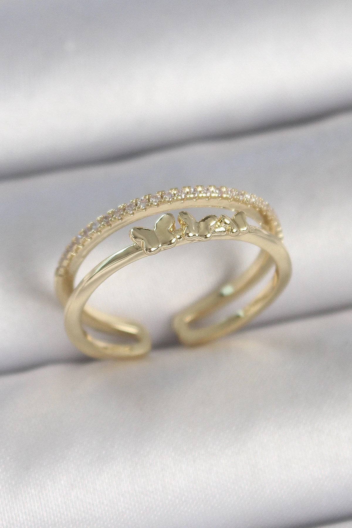 Mey İthalat® Pirinç Gold Renk 2'Li Sıra Zirkon Taş Detaylı Kelebek Figürlü Ayarlanabilir Model Kadın Yüzük