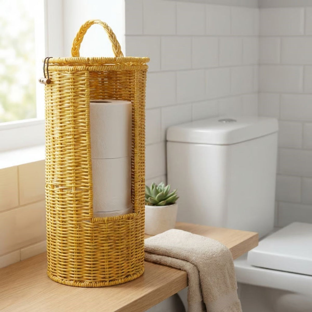 Askılı Plastik Rattan Tuvalet Kâğıdı Standı – Hasır Görünümlü, Kapaklı, Yedekli WC Kâğıtlık, Banyo ve Tuvalet İçin Dekoratif Organizer