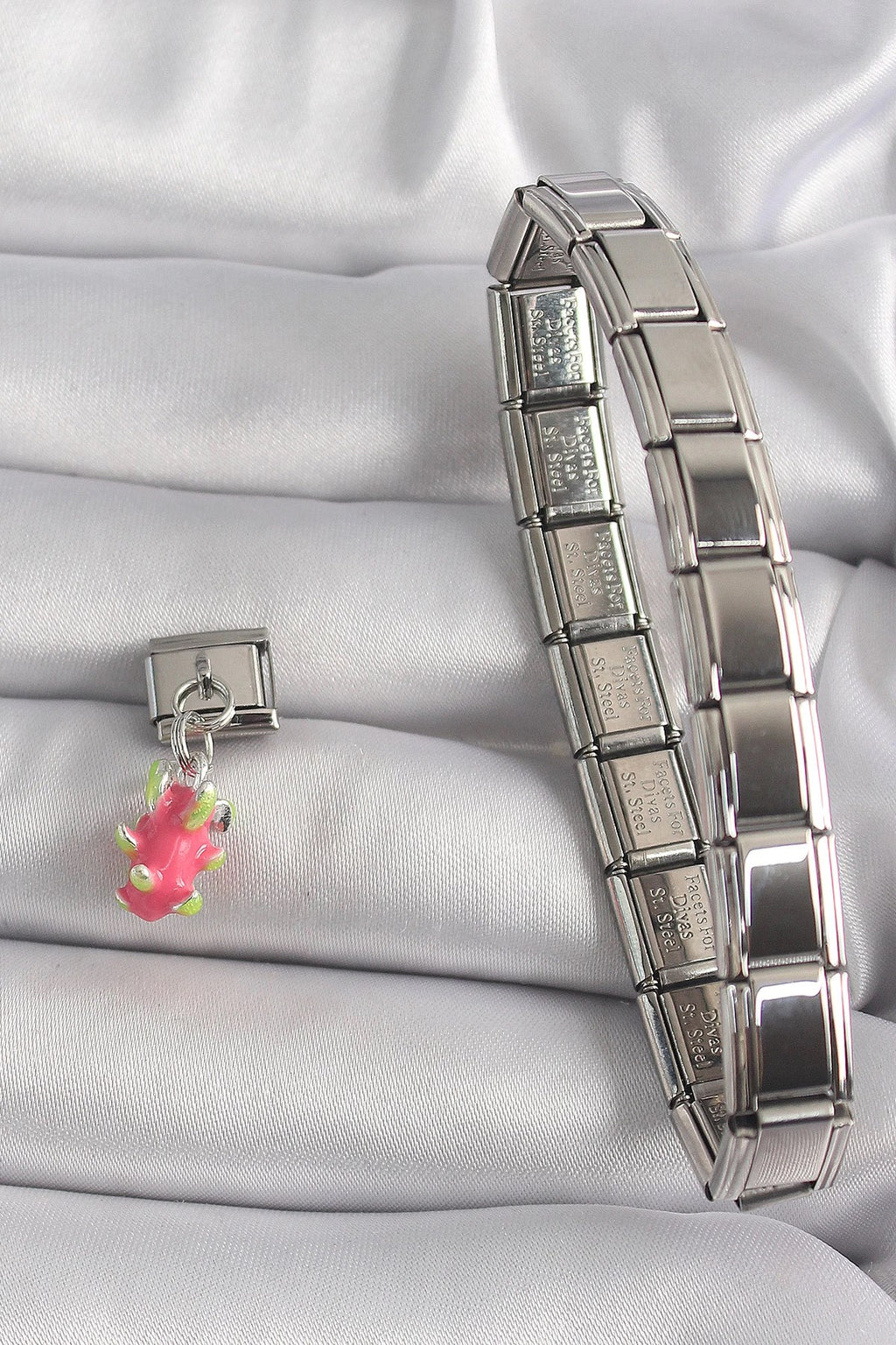 Mey İthalat® 316L Çelik Gümüş Renk Sallantı Ejder Meyvesi Model Nomination Charm