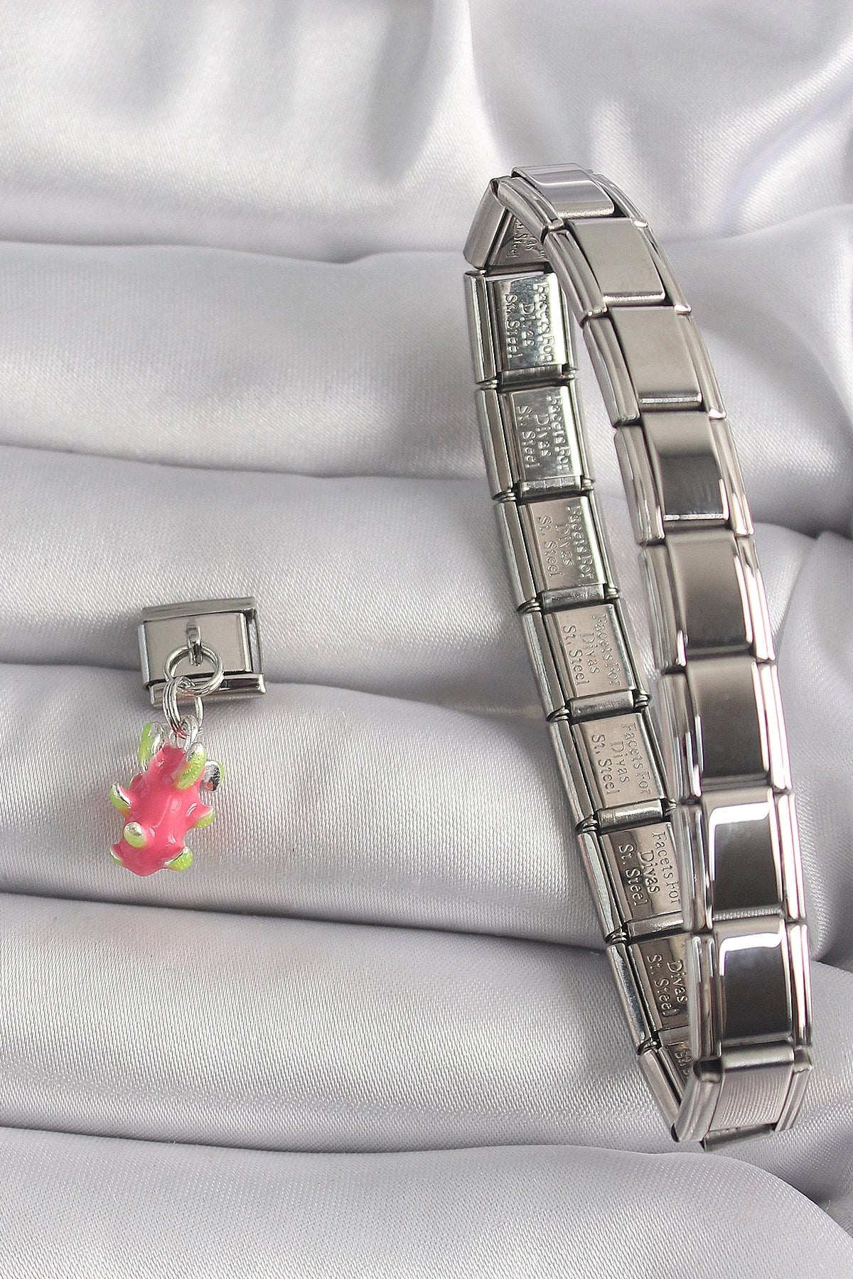 Mey İthalat® 316L Çelik Gümüş Renk Sallantı Ejder Meyvesi Model Nomination Charm