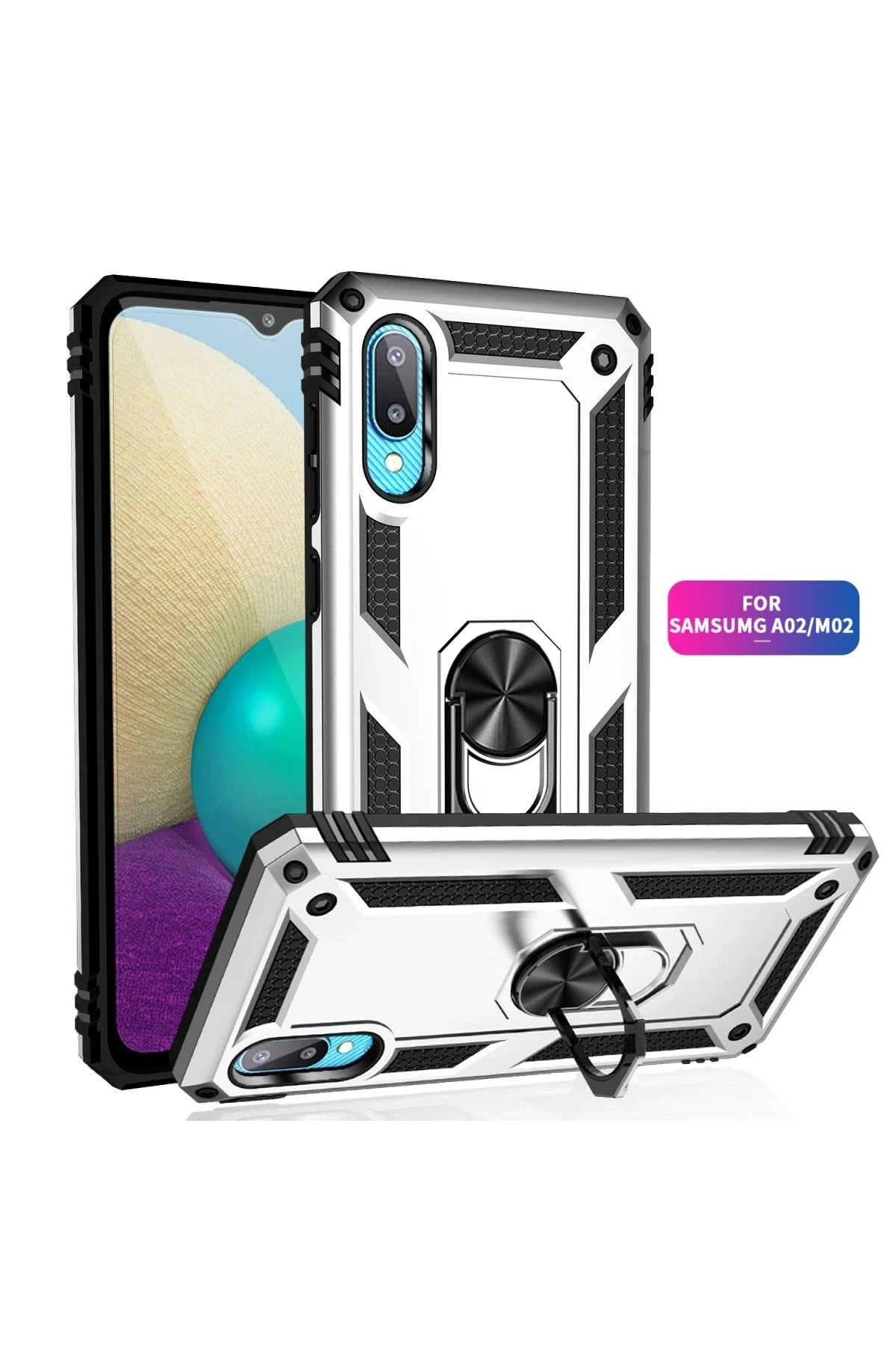 Mey İthalat® Samsung Galaxy A02 Kılıf Sofya Yüzüklü Silikon Kapak - Gümüş