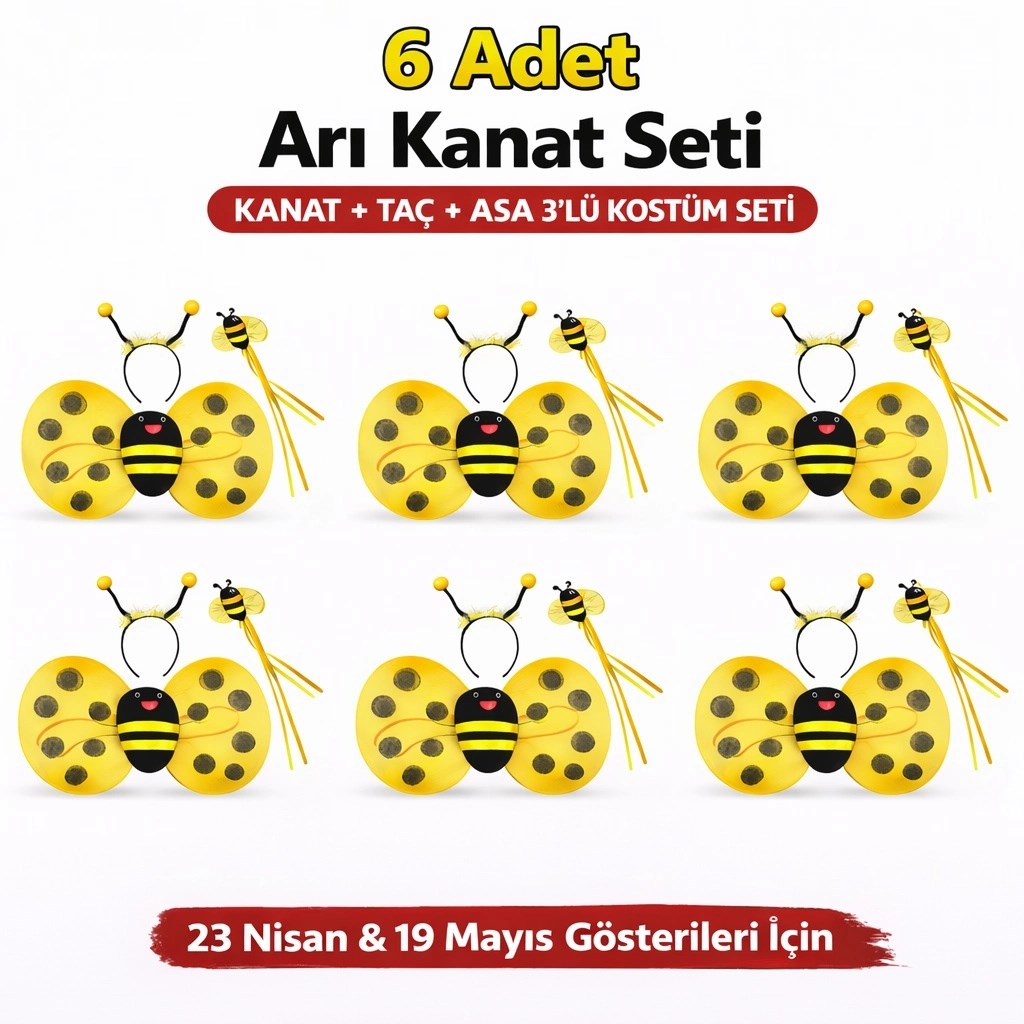 Mey İthalat® 6&amp;#39;lı Arı Kostüm Seti – Kanat Taç Asa