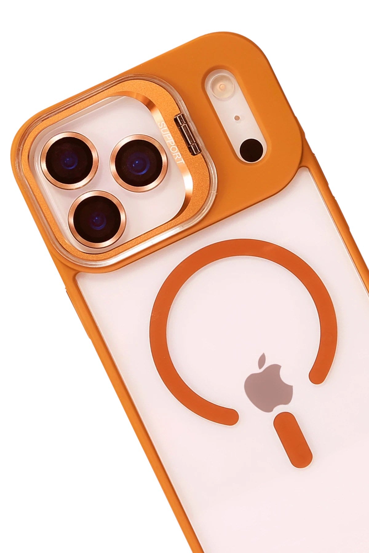 Mey İthalat® iPhone 17 Pro Max Remim Lensli Magsafe Standlı Kapak - Turuncu