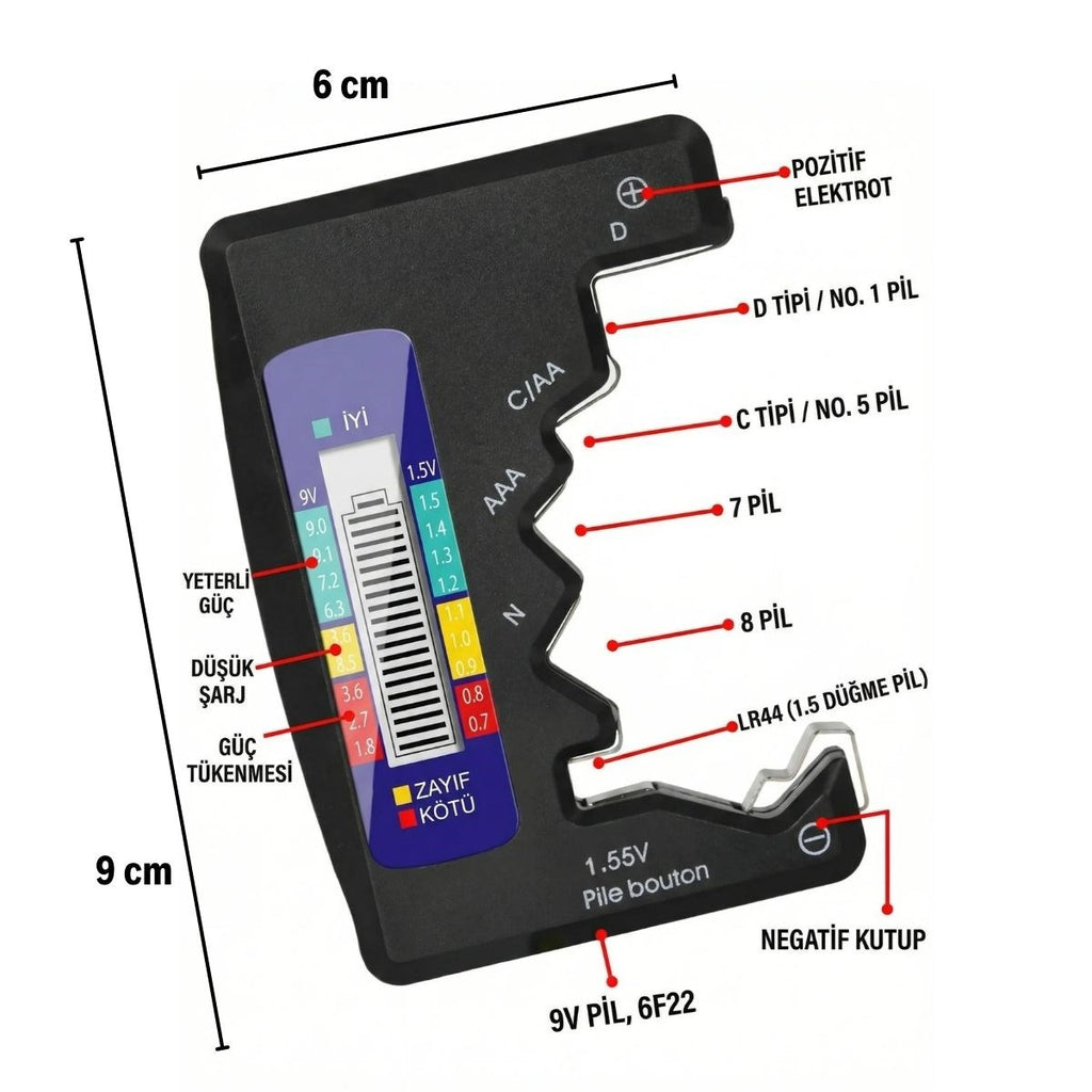 Evrensel Dijital Pil Test Cihazı – AA, AAA, C, D, N, 9V ve Düğme Pil Uyumlu Mini Pil Kapasite & Seviye Ölçer
