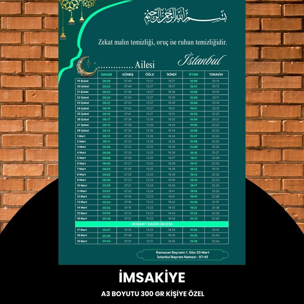 Ramazan İmsakiyesi - 300 Gr - A3 Boyut Kişiye Özel İsimli & Logolu 1 Adet Yeşil-turkuaz