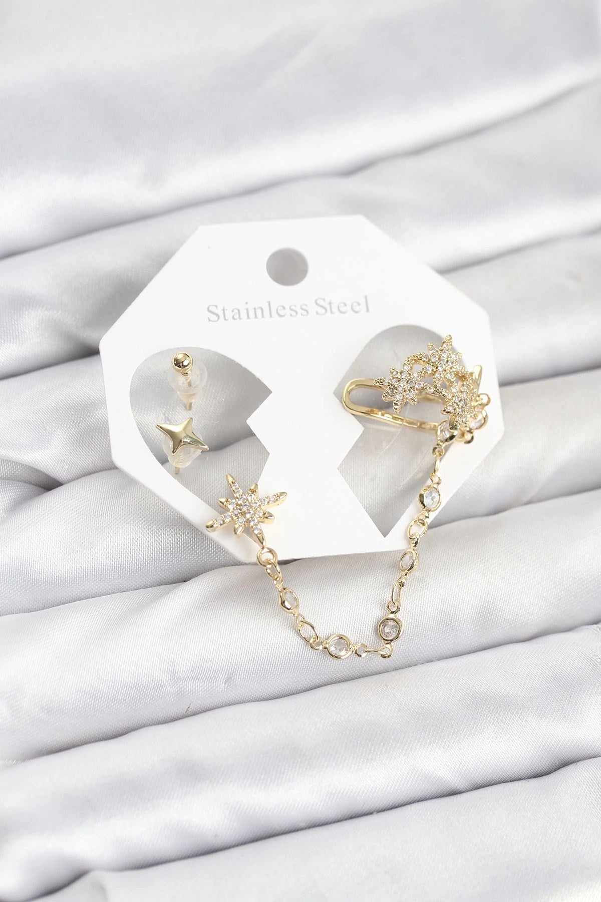 Mey İthalat® Kutup Yıldızı Model Pirinç Gold Renk Zincir Bağlantılı Ear Cuff Küpe Seti