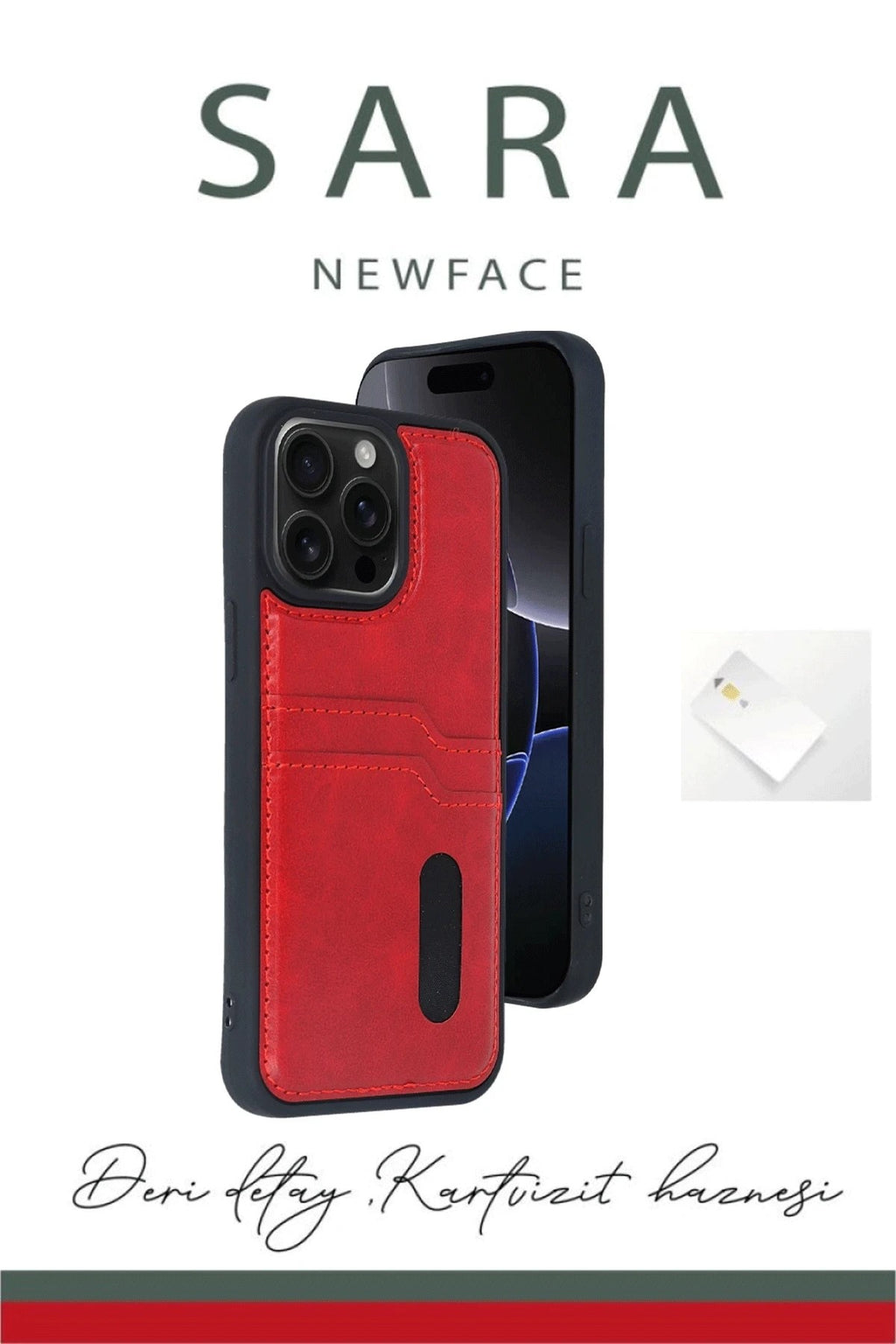 Mey İthalat® iPhone 15 Pro Max Kılıf Sara Kartvizitli Deri Kılıf - Kırmızı