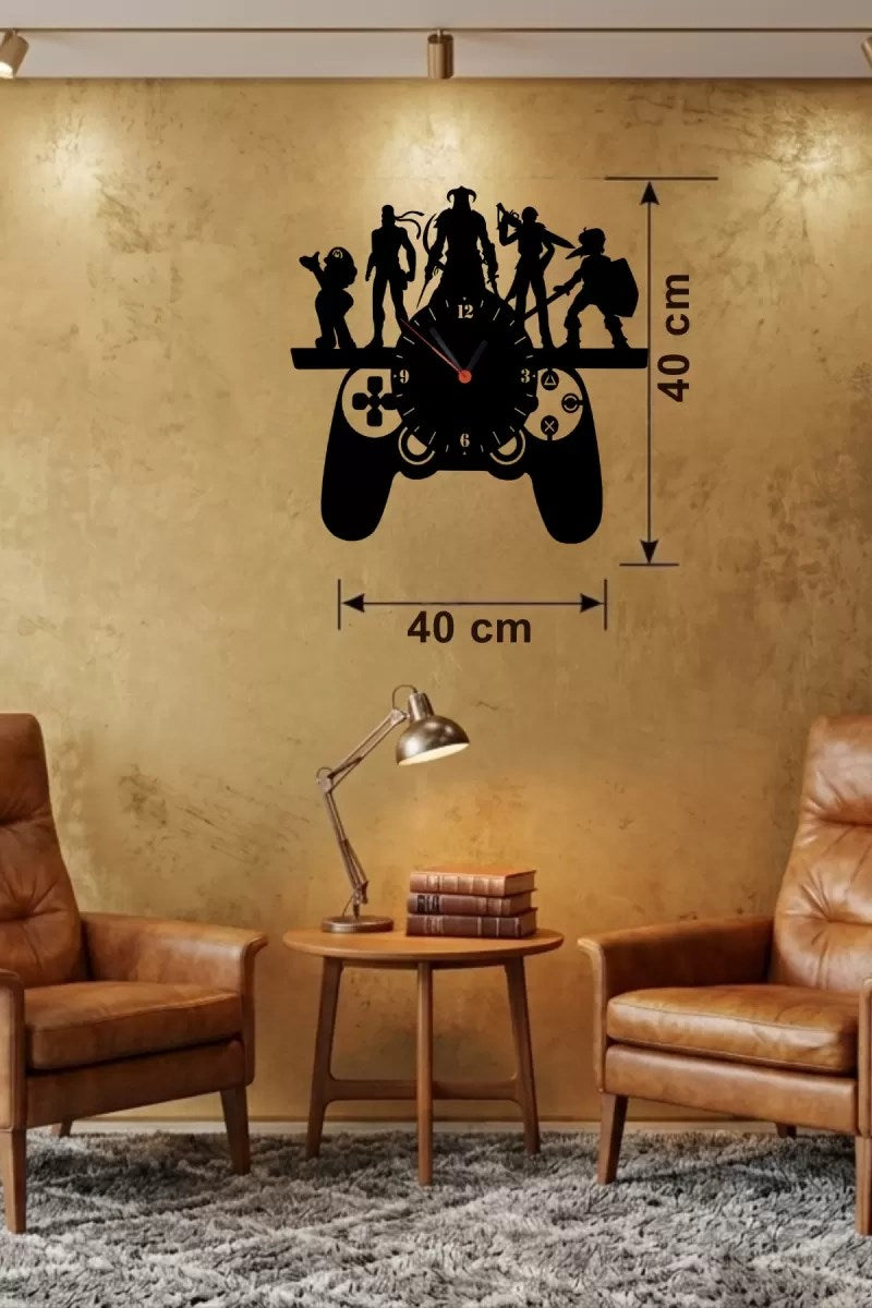Mey İthalat® Gamer Oyun Odası Dekoratif Duvar Saati - 40x40 cm Lazer Kesim Ahşap Joystick ve Oyun Karakterli Saat