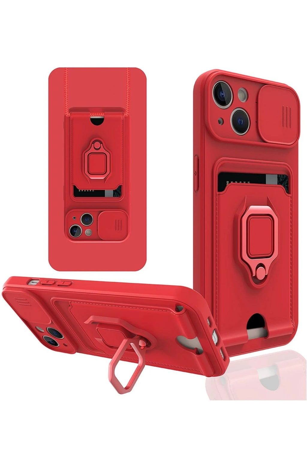Mey İthalat® iPhone 14 Kılıf Zuma Kartvizitli Yüzüklü Silikon - Kırmızı