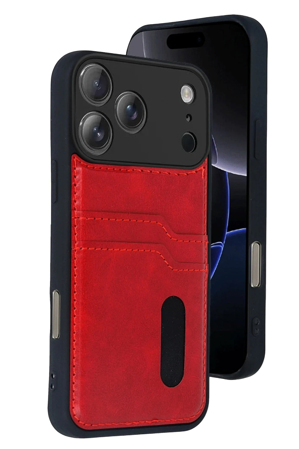 Mey İthalat® iPhone 17 Pro Max Sara Kartvizitli Deri Kılıf - Kırmızı