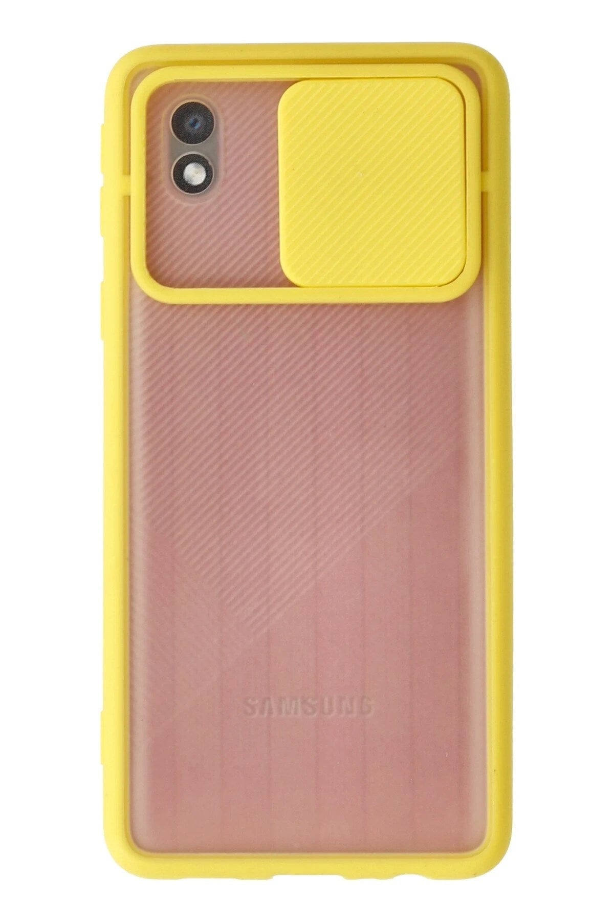 Mey İthalat® Samsung Galaxy A01 Core Kılıf Palm Buzlu Kamera Sürgülü Silikon - Sarı