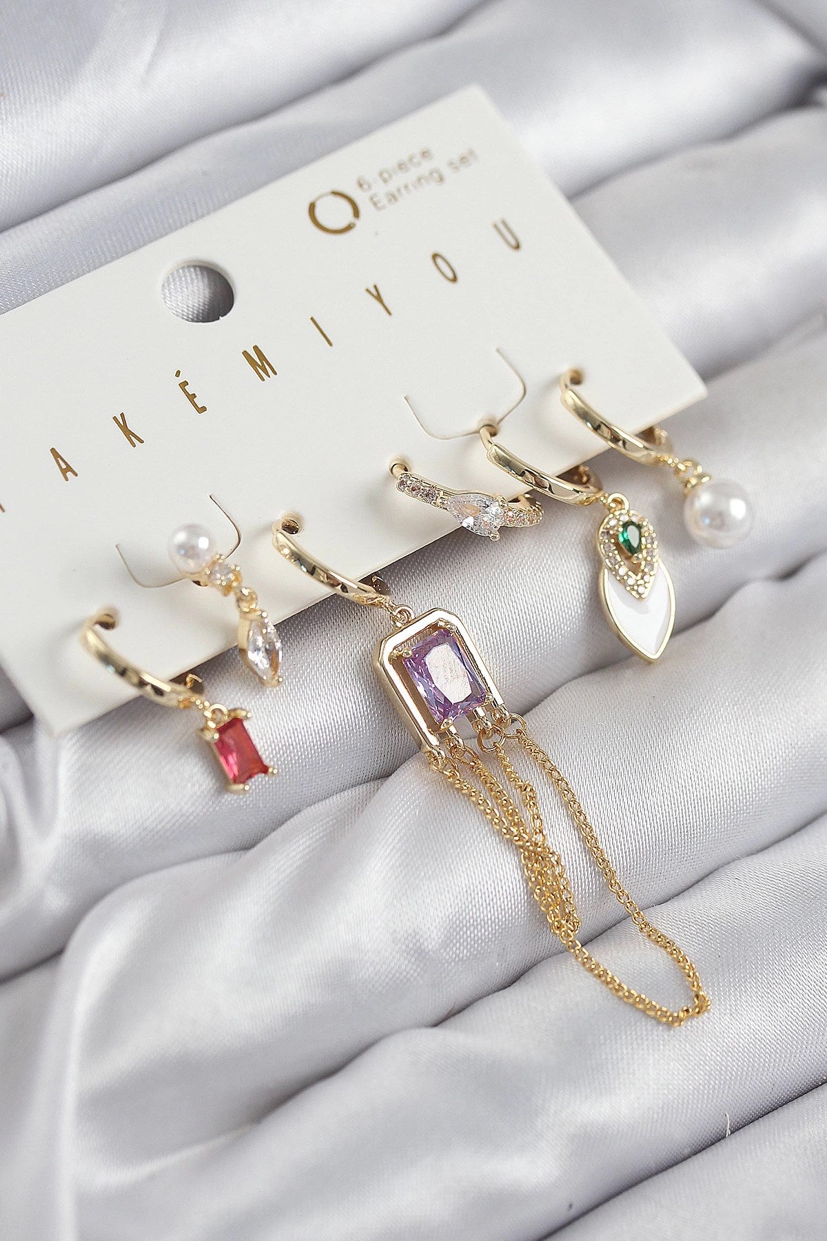 Mey İthalat® Pirinç Zirkon Taşlı Sallantılı Ve İncili Gold Renk 6'lı Küpe Set