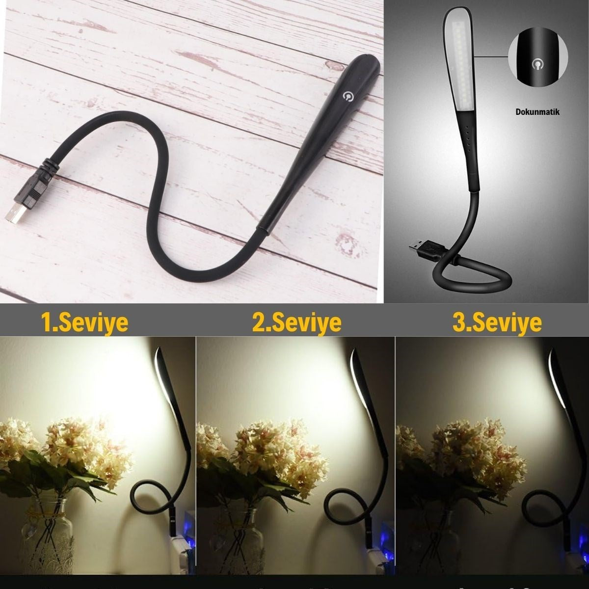USB Girişli 14 Ledli 3 Kademeli Dokunmatik Masa/Kitap Okuma Lambası Ledi Siyah