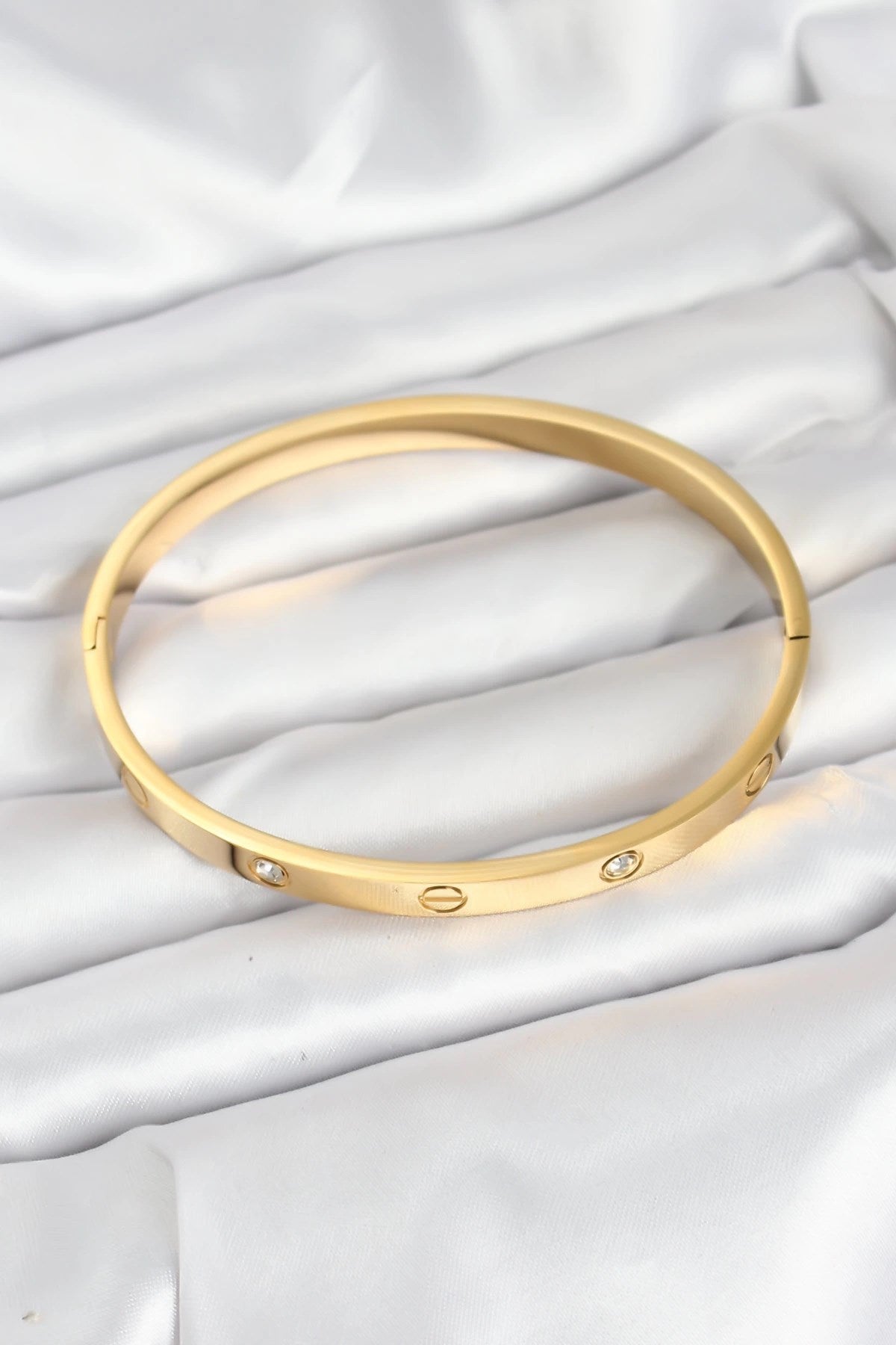 Mey İthalat® 316L Çelik Gold Renk Zirkon Taşlı 65 mm Kadın Kelepçe Bileklik
