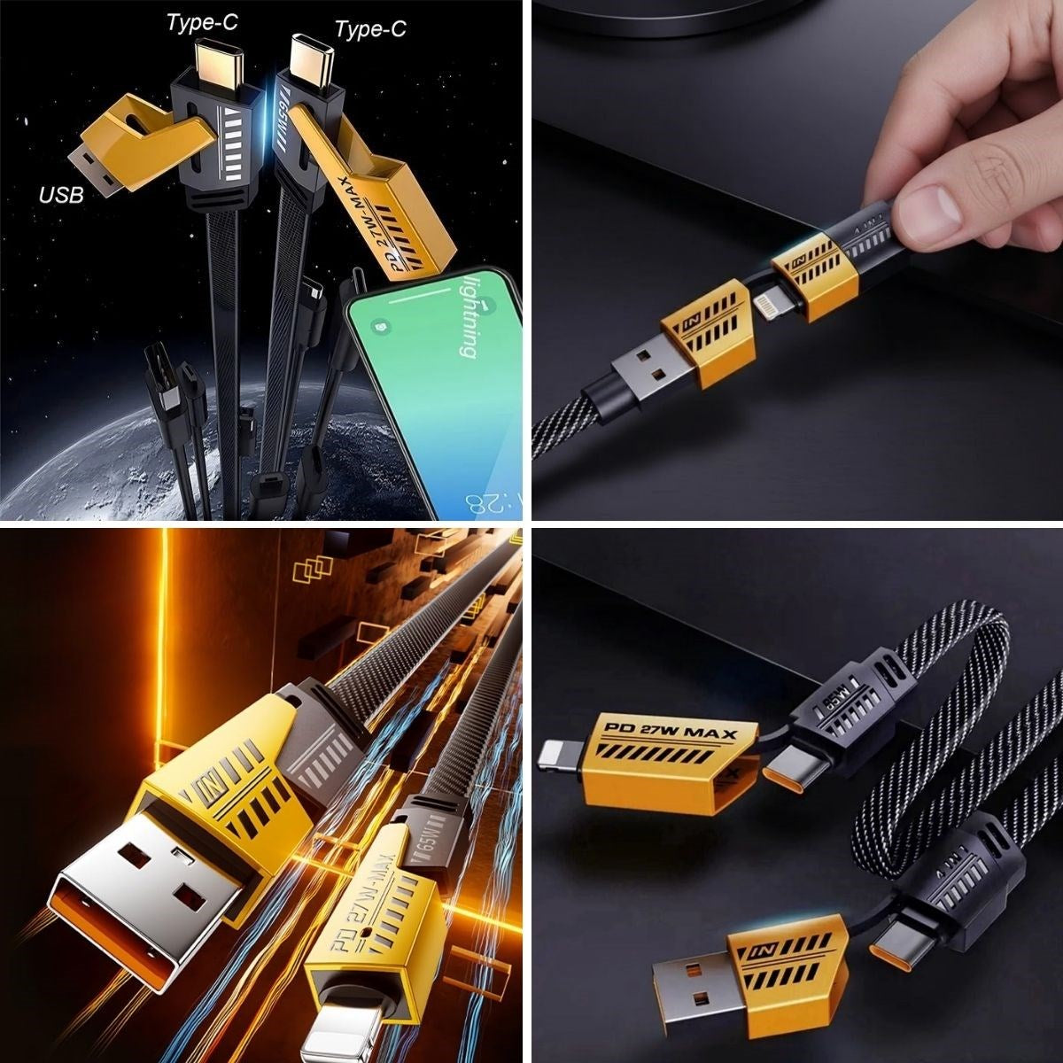 4’ü 1 Arada Hızlı Mobil Şarj Kablosu 65W – USB-A & Type-C to Type-C + Lightning, Örgülü Çoklu Şarj ve Veri Kablosu
