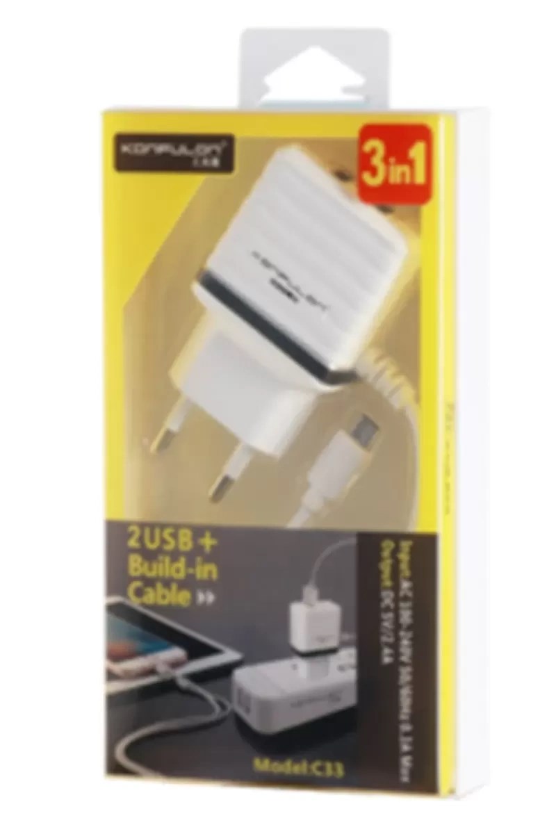 Mey İthalat® C33 Hızlı Şarj Cihazı 3in1 (Dahili Lightning Kablo iphone Uyumlulu)