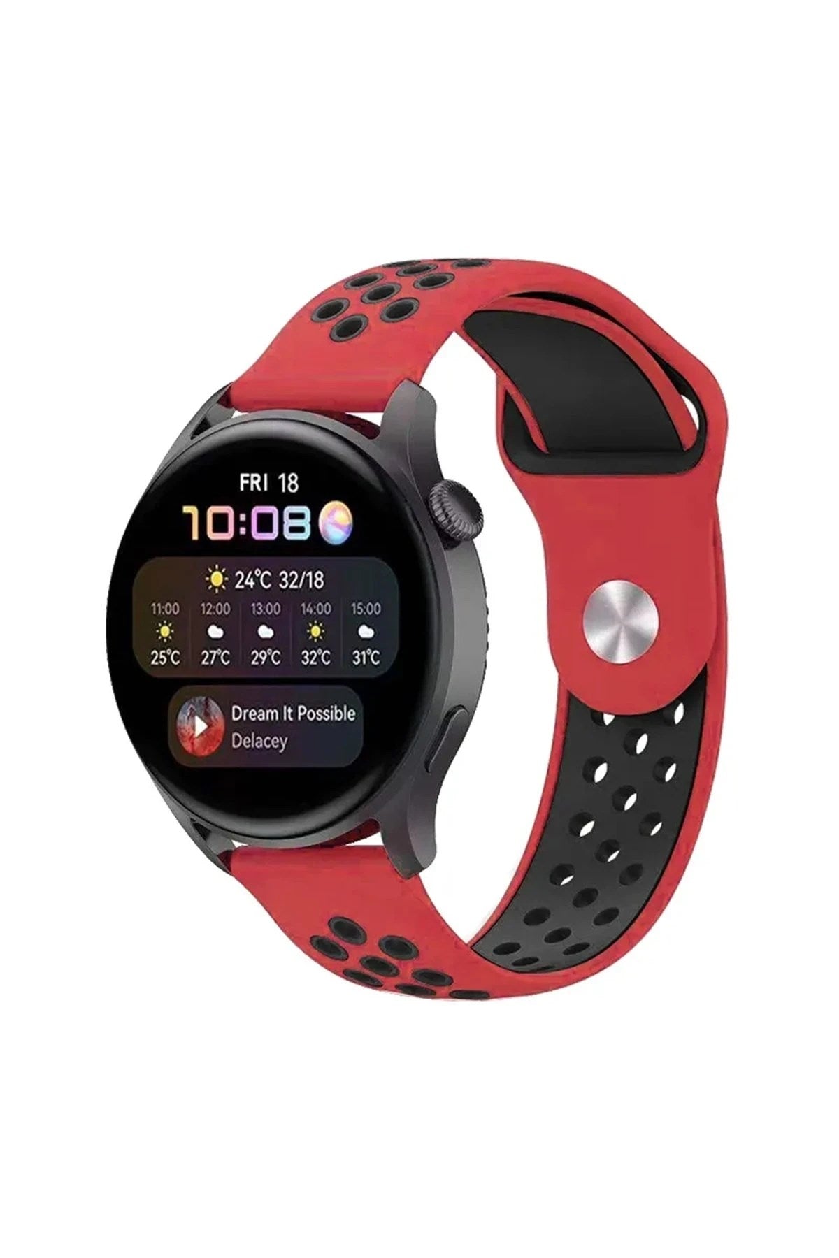 Mey İthalat® Watch 20mm Spor Delikli Kordon - Kırmızı-Siyah