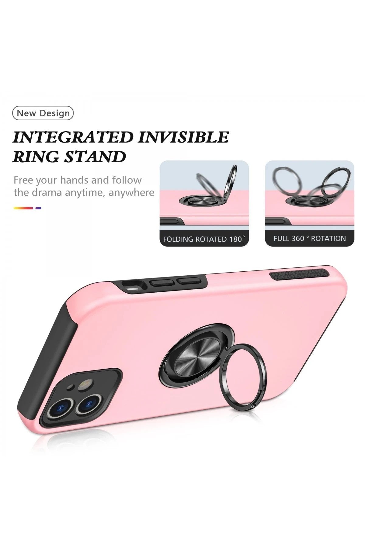 Mey İthalat® iPhone 12 Kılıf Elit Yüzüklü Kapak - Pembe