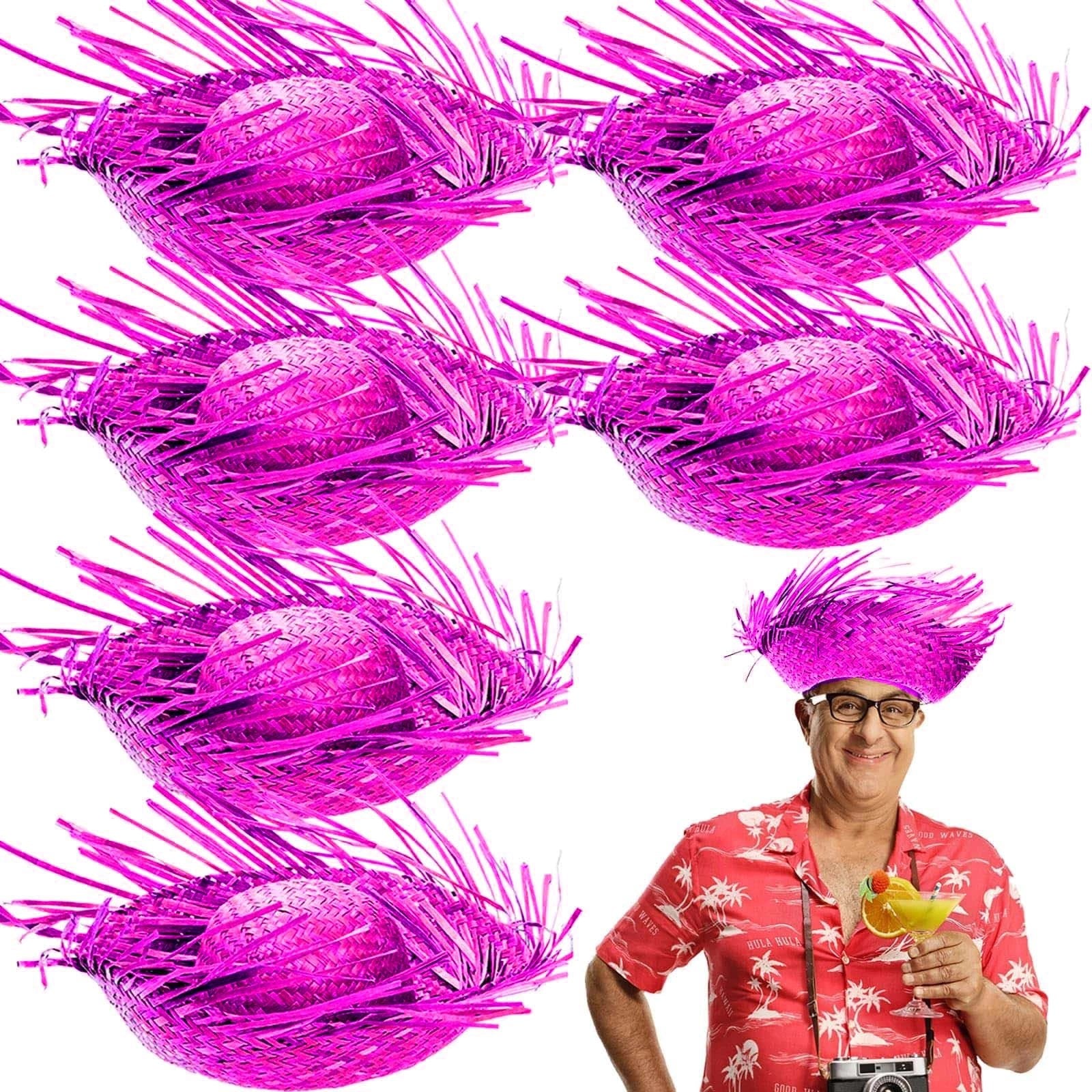 Mey İthalat® Tropikal Parti Pembe Fuşya Hasır Hawaii Şapkası 13x36 cm