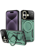 Mey İthalat® iPhone 16 Kılıf Joy Lens Standlı Kapak - Koyu Yeşil