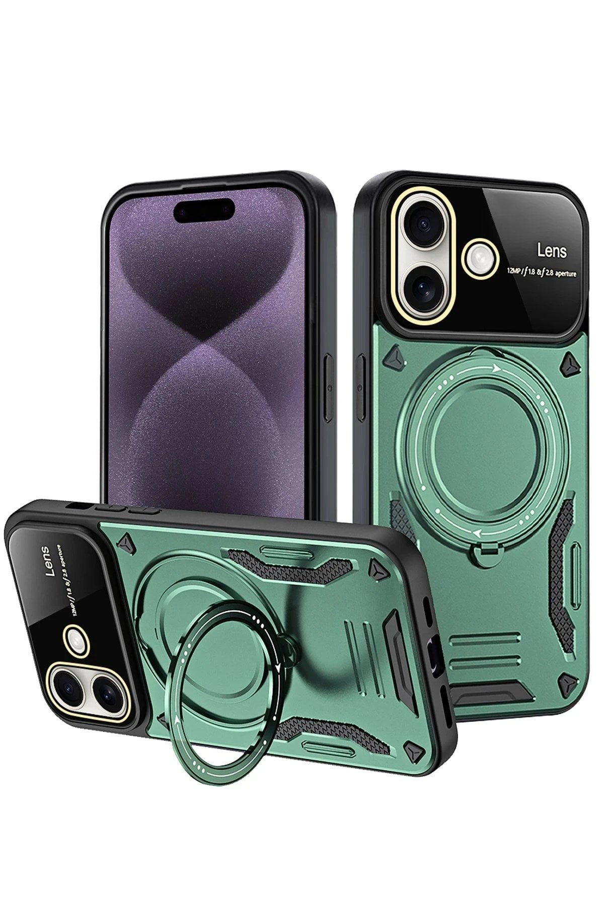 Mey İthalat® iPhone 16 Kılıf Joy Lens Standlı Kapak - Koyu Yeşil