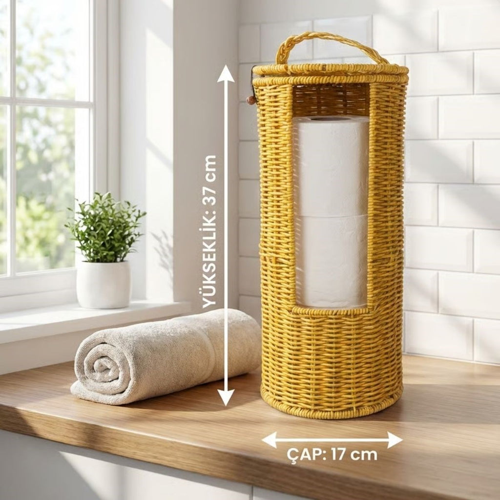Askılı Plastik Rattan Tuvalet Kâğıdı Standı – Hasır Görünümlü, Kapaklı, Yedekli WC Kâğıtlık, Banyo ve Tuvalet İçin Dekoratif Organizer