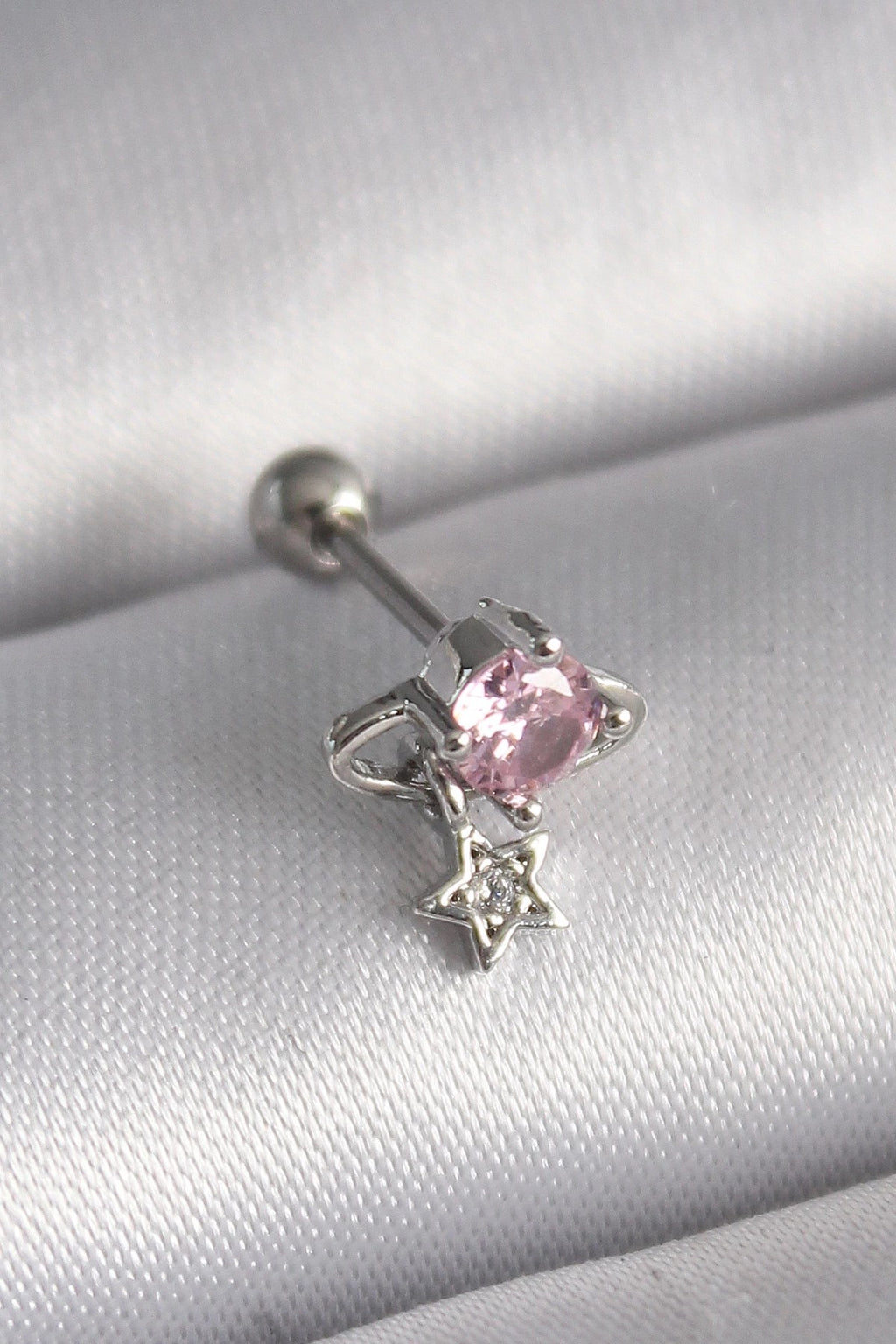 Mey İthalat® 316L Çelik Gümüş Renk Pembe Zirkon Taşlı Sallantı Yıldız Detay Tragus Piercing