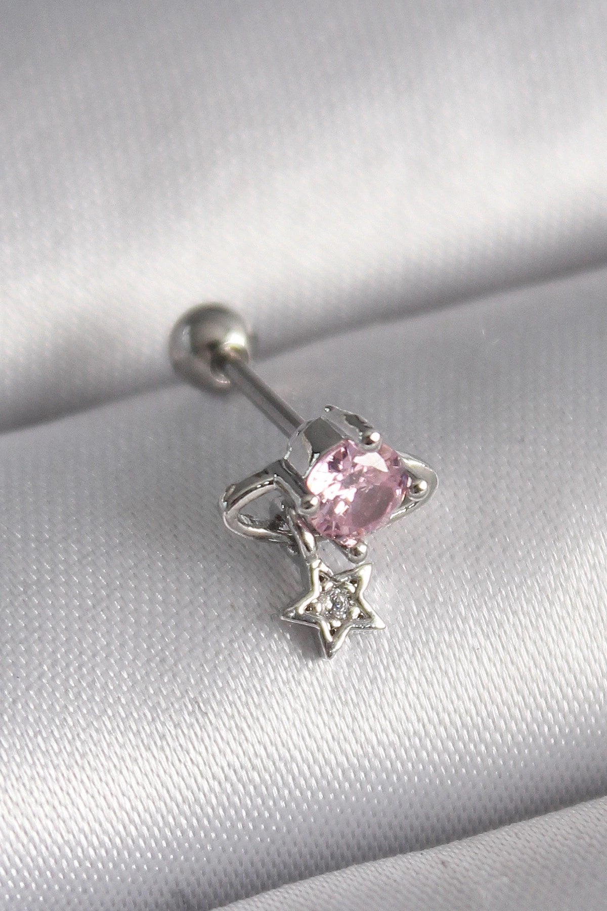 Mey İthalat® 316L Çelik Gümüş Renk Pembe Zirkon Taşlı Sallantı Yıldız Detay Tragus Piercing