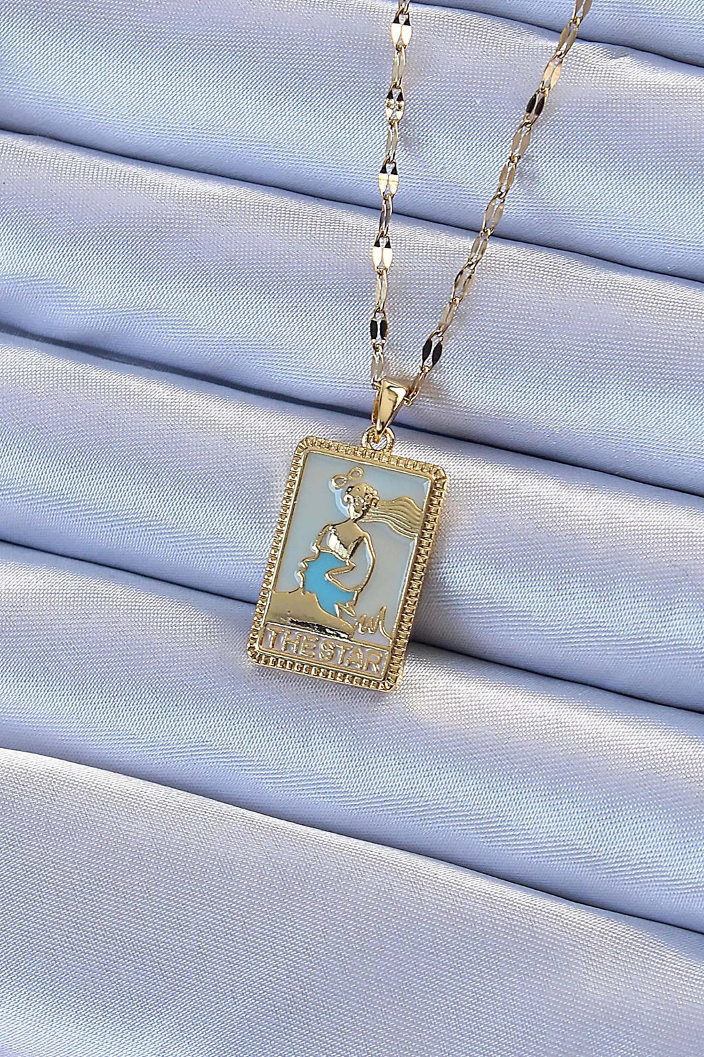 Mey İthalat® 316L Çelik Zincir Altın Renk Mavi Mineli Tarot Kolye