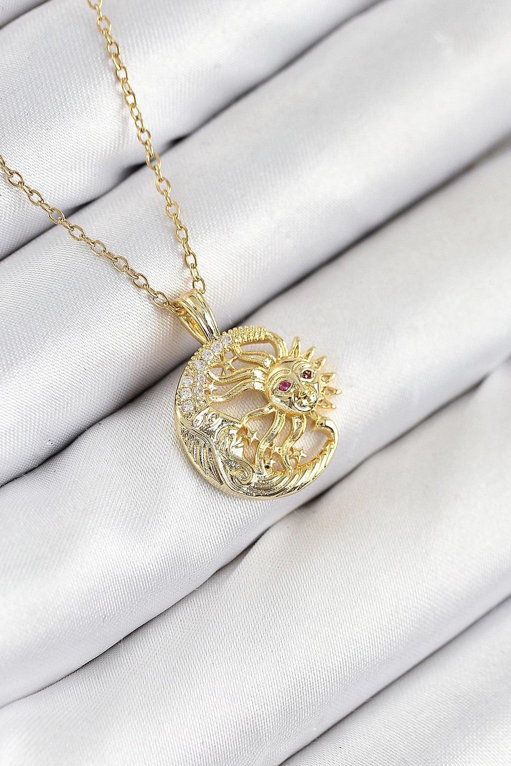Mey İthalat® 316L Çelik Zirkon Taşlı Ay Ve Güneş Model Gold Renk Kadın Kolye