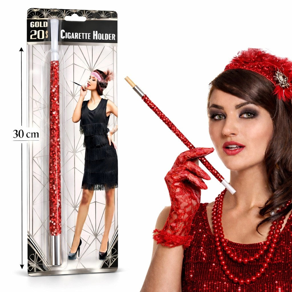 Mey İthalat® 30 cm Kırmızı Payetli Sigara Tutacağı – 1920’ler Gatsby Parti Aksesuarı