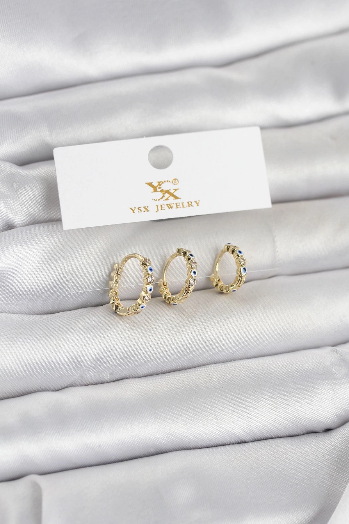 Mey İthalat® Pirinç Gold Renk Nazarlı Model 3'lü Kadın Küpe