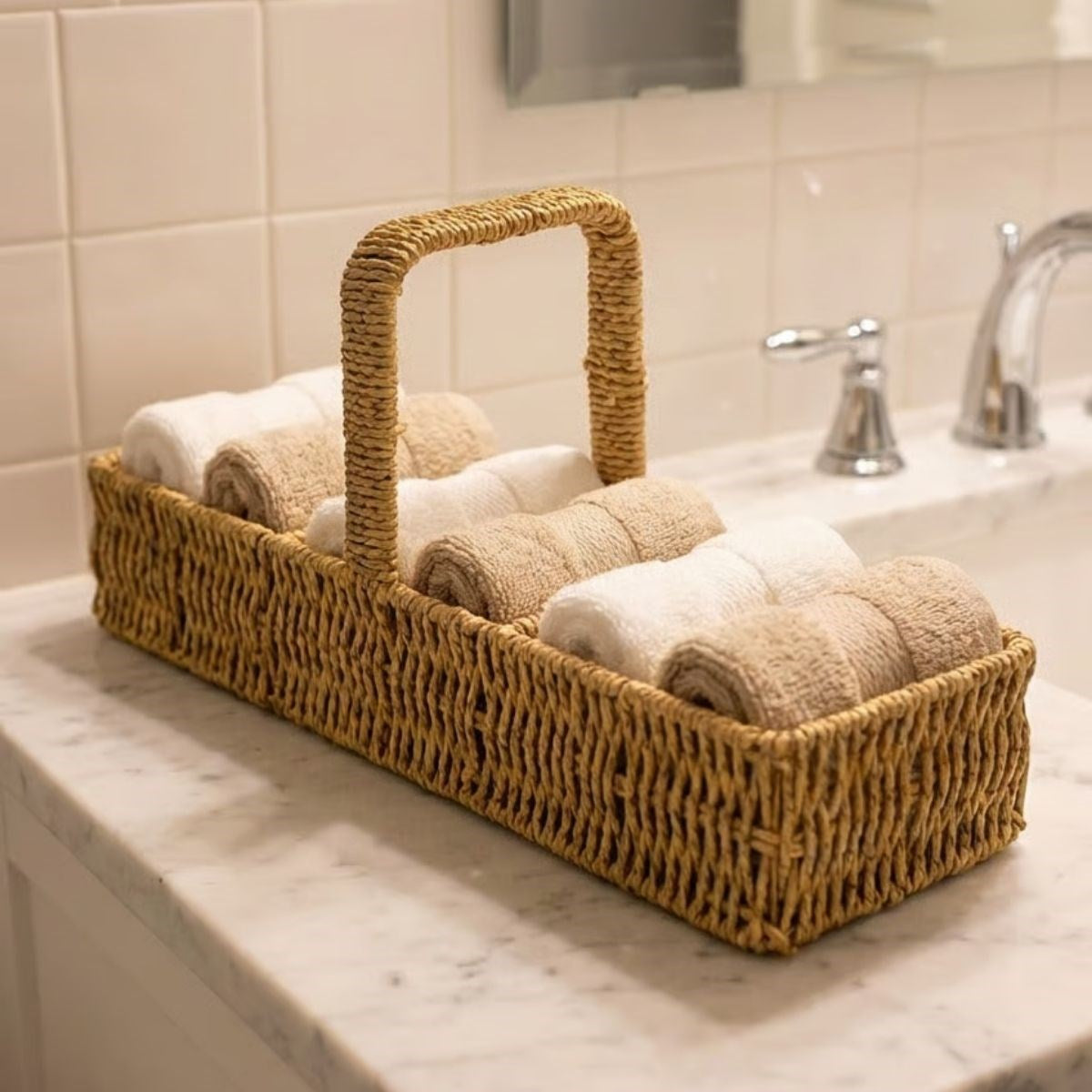 3 Bölmeli Plastik Rattan Düzenleyici–Saplı Masaüstü Organizer, Mutfak Kaşık Çatal Sepeti, Banyo & Ofis Çok Amaçlı Sunum Standı