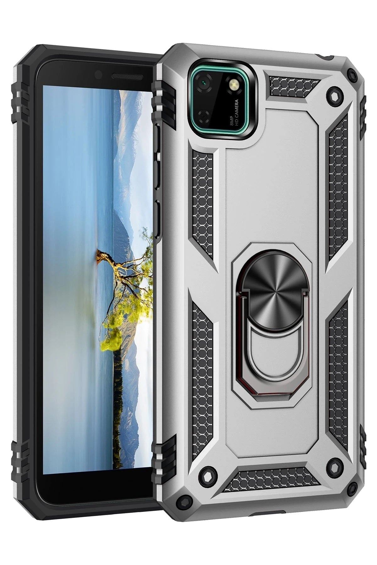 Mey İthalat® Huawei Y5P Kılıf Sofya Yüzüklü Silikon Kapak - Gümüş