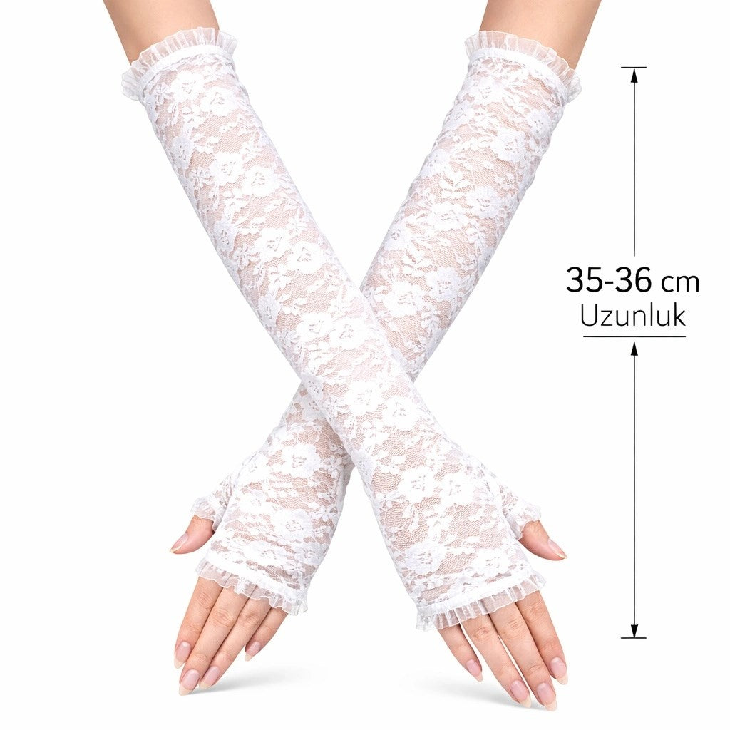 Mey İthalat® Uzun Zarif Dantel Eldiven Parmaksız Beyaz 35 cm