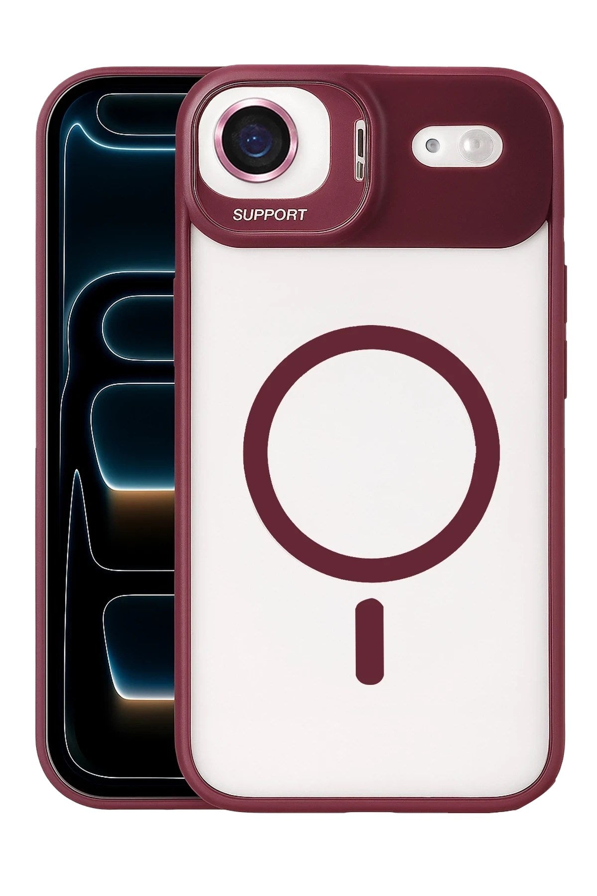 Mey İthalat® iPhone 17 Air Remim Lensli Magsafe Standlı Kapak - Bordo