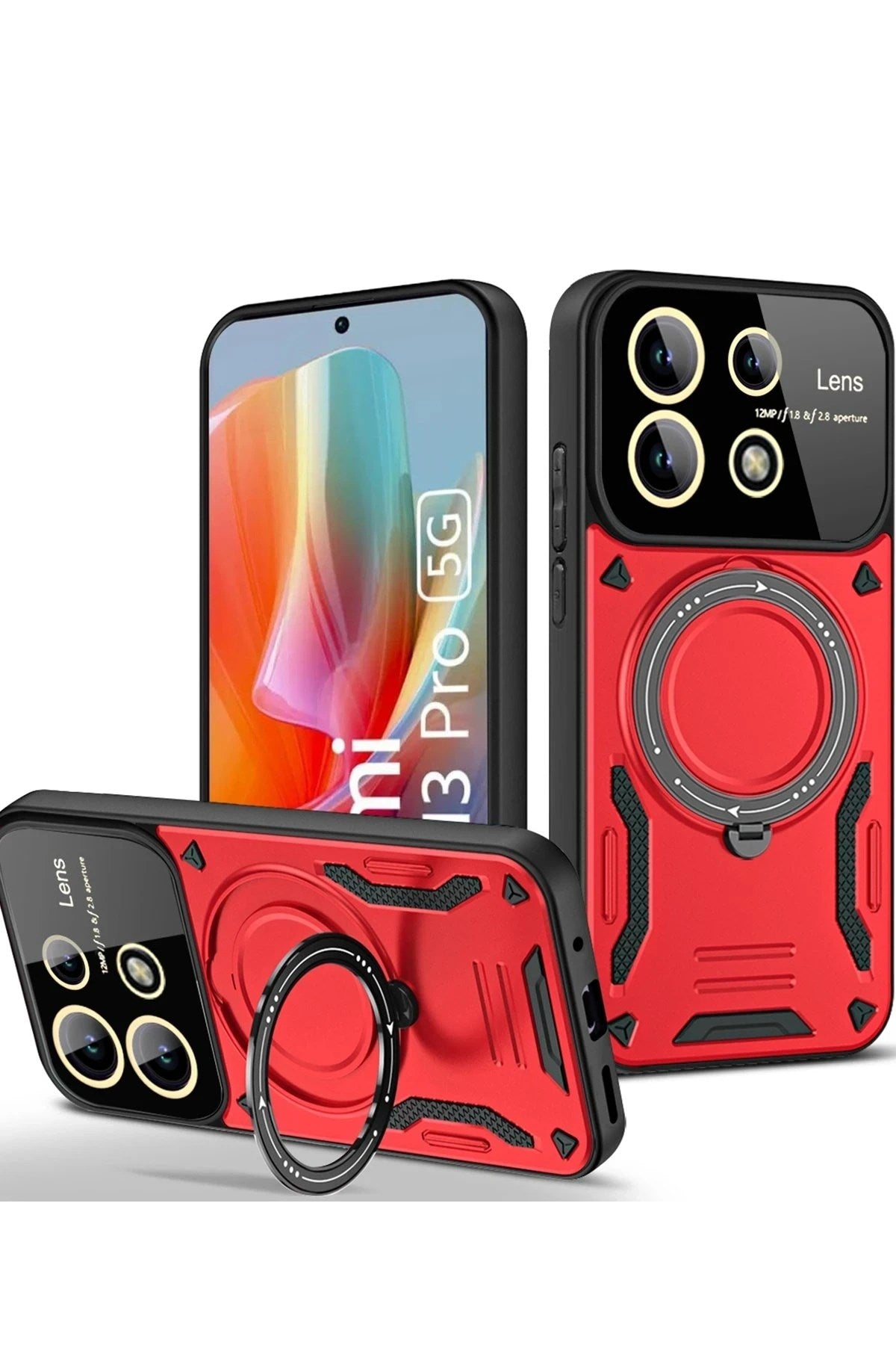 Mey İthalat® Redmi Note 13 Pro 4G Kılıf Joy Lens Standlı Kapak - Kırmızı