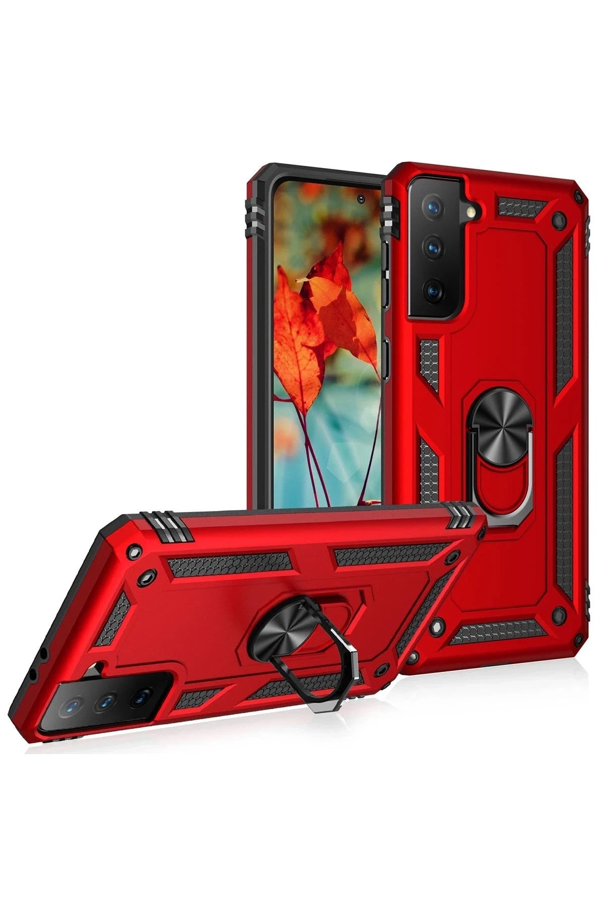 Mey İthalat® Samsung Galaxy S21 Kılıf Sofya Yüzüklü Silikon Kapak - Kırmızı