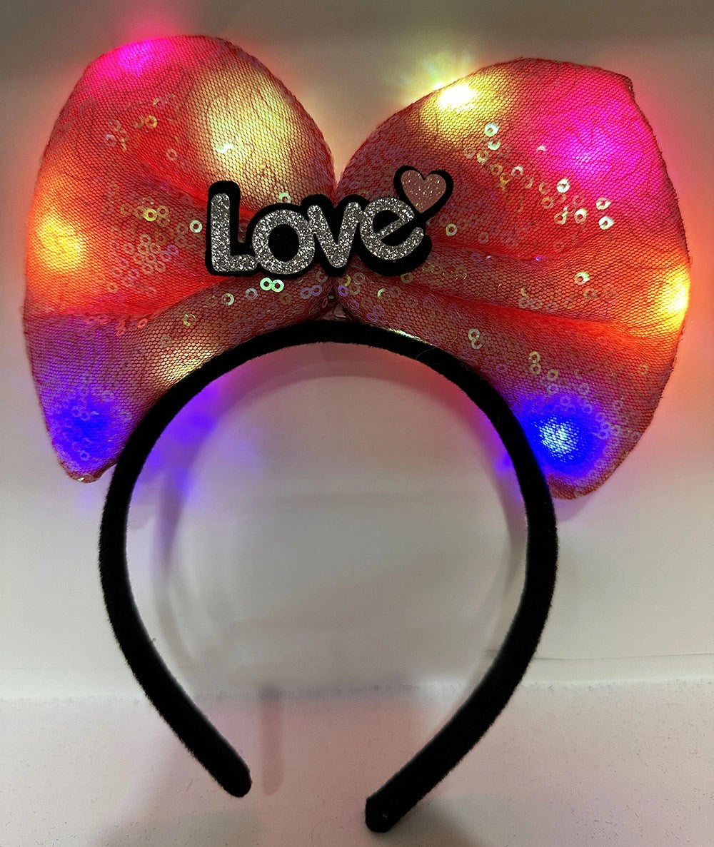 Mey İthalat® Led Işıklı 3 Farklı Fonksiyonda Yanan Gümüş Love Yazılı Fuşya Pembe Fiyonk Taç 20X17 cm