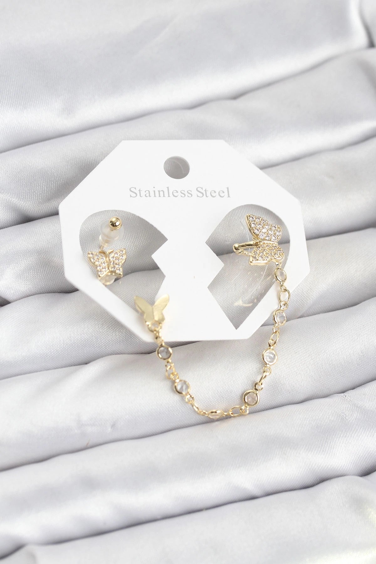 Mey İthalat® Kelebek Model Pirinç Gold Renk Zincir Bağlantılı Ear Cuff Küpe Seti
