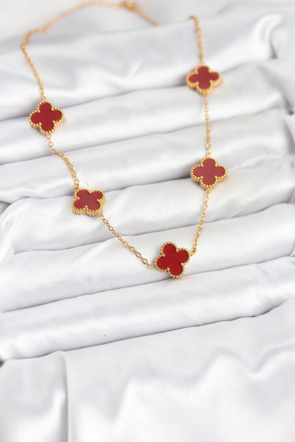 Mey İthalat® 316L Çelik Gold Renk Zincir Bordo Yonca Kadın Kolye