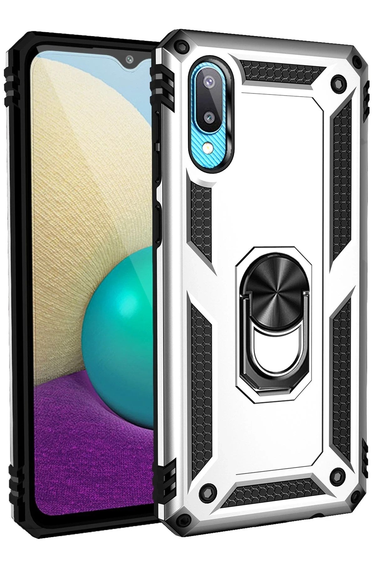 Mey İthalat® Samsung Galaxy A02 Kılıf Sofya Yüzüklü Silikon Kapak - Gümüş