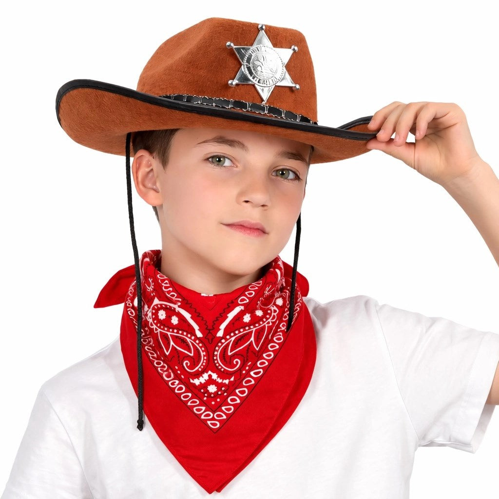 Mey İthalat® Çocuk Kovboy Şapka Rozetli Kahverengi &amp; Kırmızı Bandana Fular Seti